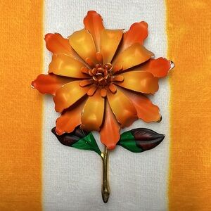 Vintage Orange Floral Metal Brooch